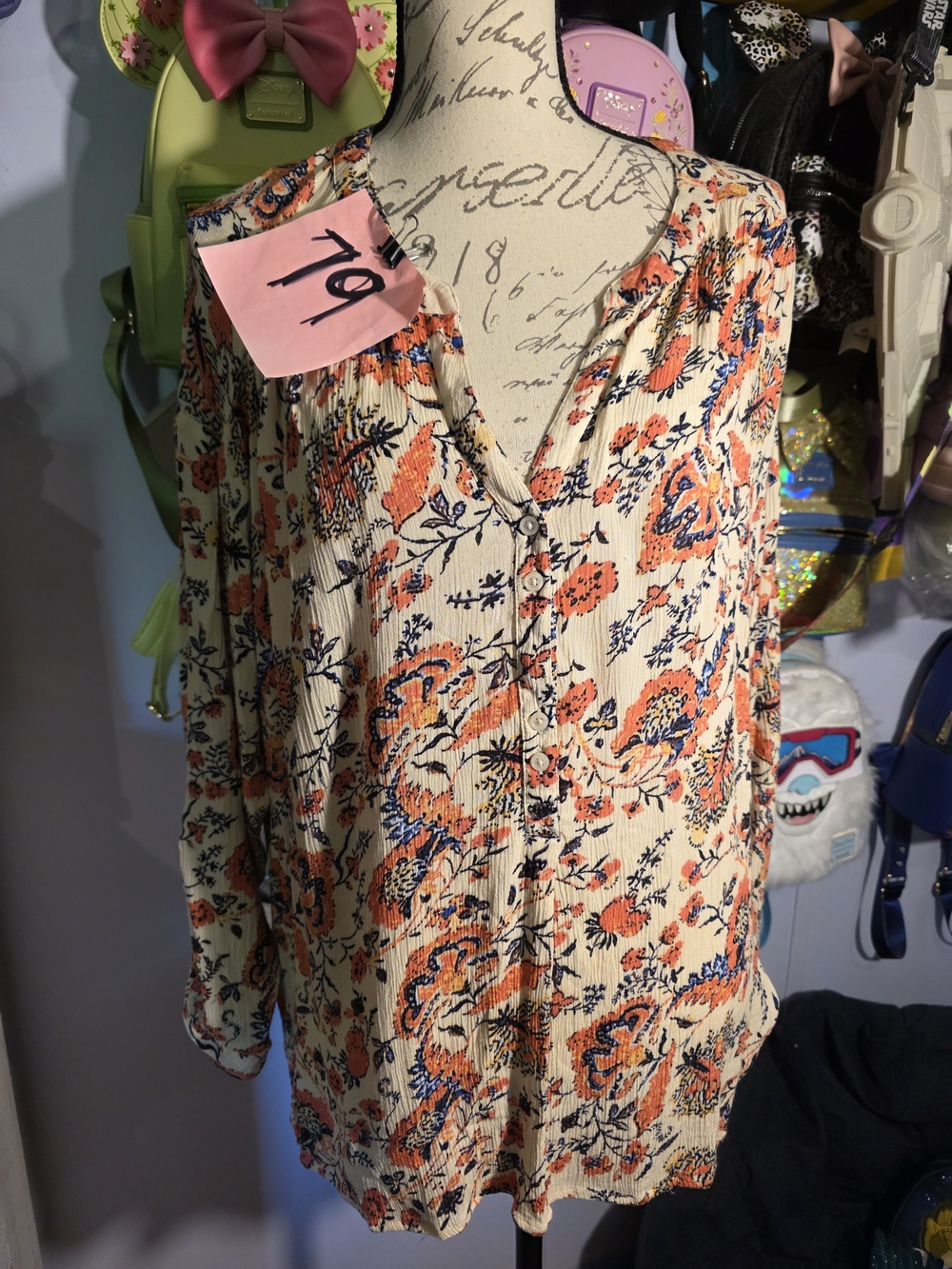 Nine West Cream Floral V-Neck Button Blouse with Orange & Blue Print